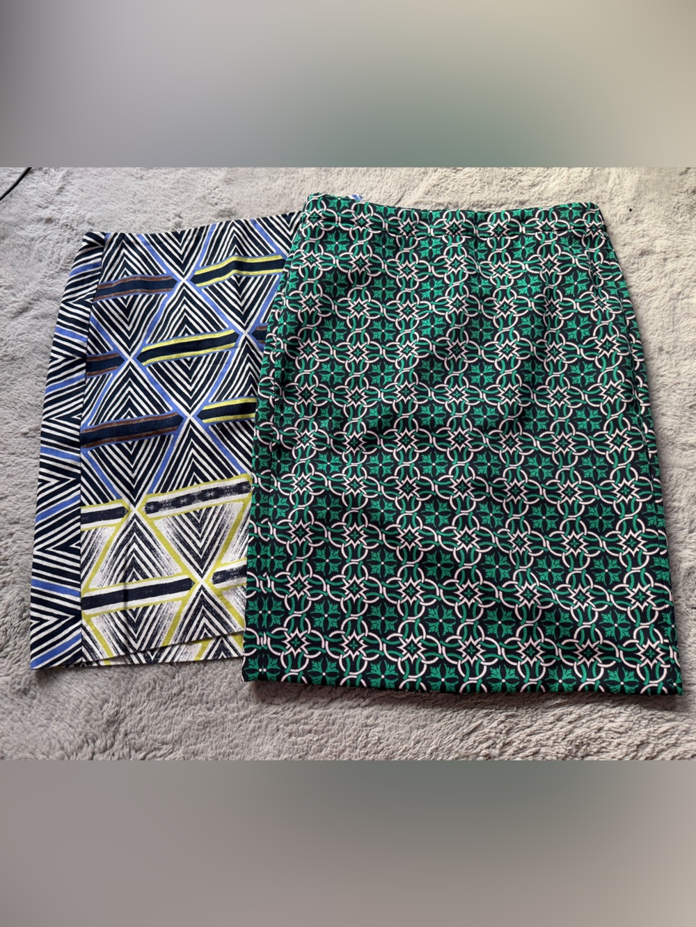 2 Patterned Green and Blue Geometric Skirt size 4 great condition